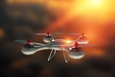 Drone, gökyüzünde kopya alanı olan beyaz quadrocopter. Teknoloji kavramı, robotizasyon, bilgisayarlı. 3D render, karışık medya.