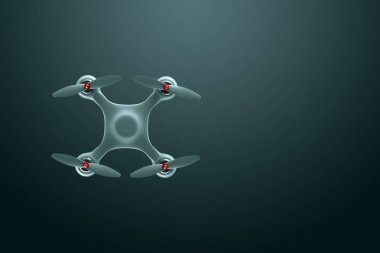 Drone, siyah bir arka planda beyaz quadrocopter kopya alanı ile. Üst görünüm, düz yatıyordu. Teknoloji kavramı, robotizasyon, bilgisayarlı. 3D render, 3D illüstrasyon.