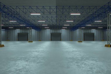 Silindir deklanşör kapısı ve Sanayi arka plan için fabrika binası dışında beton zemin. 3D render, 3D illüstrasyon
