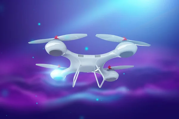 Drone, quadrocopter blanc sur fond violet avec espace de copie. Le concept de technologie, robotisation, informatisation. rendu 3D, illustration 3D . — Photo