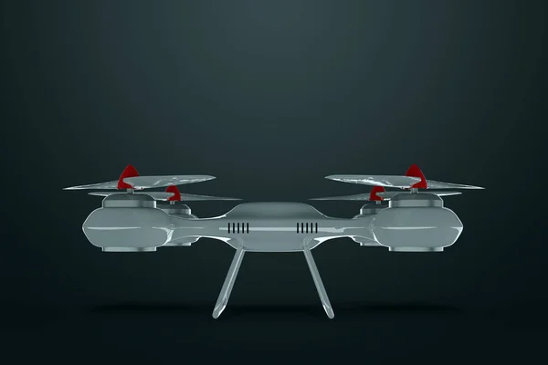 Drone, biały dron na ciemnym tle z przestrzeni kopiowania. Koncepcja technologii, robotyzacja, komputeryzacja. Renderowanie 3D, ilustracja 3D. — Zdjęcie stockowe