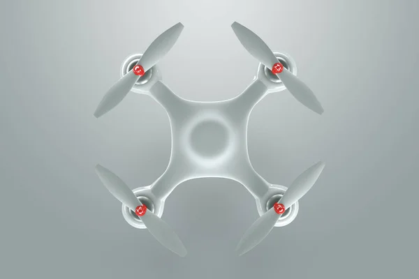 Drone, witte quadrocopter op een witte achtergrond met kopieerruimte. Bovenaanzicht, plat lag. Het concept van technologie, robotisering, automatisering. 3D render, 3D illustratie. — Stockfoto