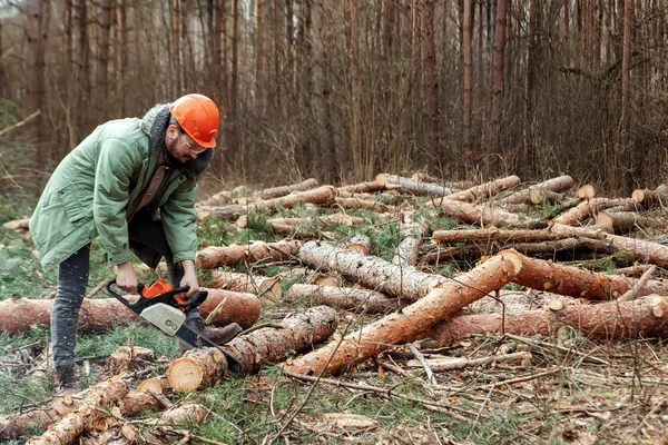Logging, Trabalhador em um terno protetor com uma motosserra de madeira. Cortar árvores, destruição florestal. O conceito de destruição industrial de árvores, causando danos ao meio ambiente . — Fotografia de Stock