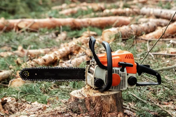 Professionelle Kettensäge aus nächster Nähe, Holzeinschlag. Bäume fällen, Wald zerstören. das Konzept der industriellen Zerstörung von Bäumen, die der Umwelt schaden. — Stockfoto