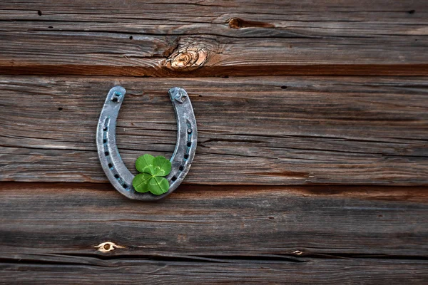 Old horseshoe and four leaf clover on a vintage wooden board. The concept of luck, luck, luck. St. Patricks Day card. — Stock Photo, Image