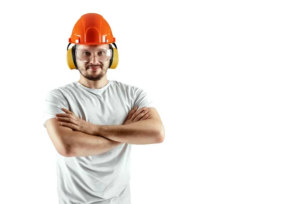 Male builder in orange helmet isolated on white background. Concept building, contractor. — Stock Photo, Image