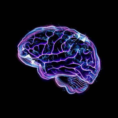 İnsan beyninin görüntüsü, bir hologram, karanlık bir arka plan. Yapay zeka kavramı, sinir ağları, robotlaşma, makine öğrenimi. 3d illüstrasyon, kopyalama alanı.