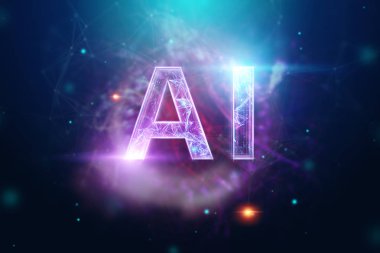Yazıt Ai, yapay zeka, hologram, karanlık arka plan. Yapay zeka kavramı, sinir ağları, robotlaşma, makine öğrenimi. 3d illüstrasyon, kopyalama alanı.