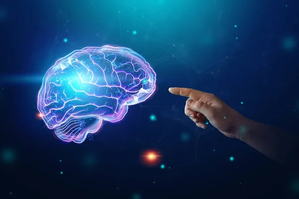 İnsan beyninin görüntüsü, bir hologram, karanlık bir arka plan. Yapay zeka kavramı, sinir ağları, robotlaşma, makine öğrenimi. kopyalama alanı.