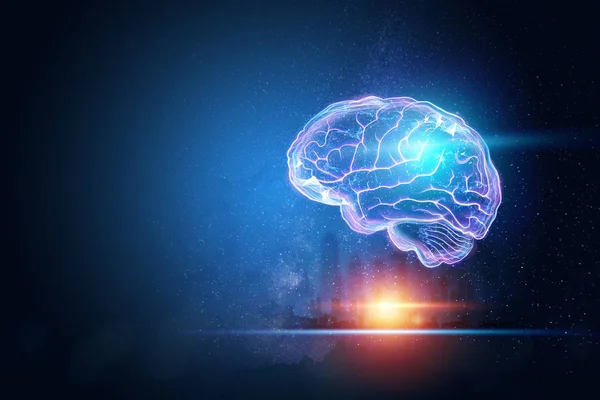 La imagen del cerebro humano, un holograma, un fondo oscuro. El concepto de inteligencia artificial, redes neuronales, robotización, aprendizaje automático. Ilustración 3D, espacio de copia . —  Fotos de Stock