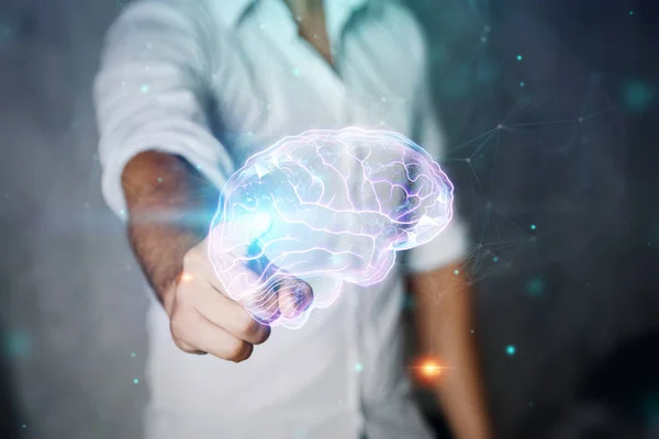 Das Bild des menschlichen Gehirns, ein Hologramm, ein dunkler Hintergrund. das Konzept der künstlichen Intelligenz, neuronale Netzwerke, Robotisierung, maschinelles Lernen. Kopierraum. — Stockfoto