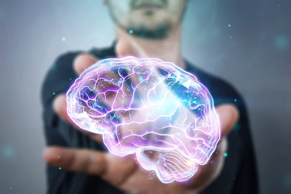 Das Bild des menschlichen Gehirns, ein Hologramm, ein dunkler Hintergrund. das Konzept der künstlichen Intelligenz, neuronale Netzwerke, Robotisierung, maschinelles Lernen. 3D Illustration, Kopierraum. — Stockfoto