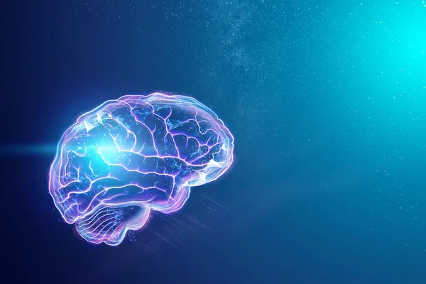 La imagen del cerebro humano, un holograma, un fondo oscuro. El concepto de inteligencia artificial, redes neuronales, robotización, aprendizaje automático. Ilustración 3D, espacio de copia . — Foto de Stock