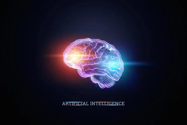 L'image du cerveau humain, un hologramme, un fond sombre. Le concept d'intelligence artificielle, les réseaux neuronaux, la robotisation, l'apprentissage automatique. Illustration 3D, espace de copie . — Photo