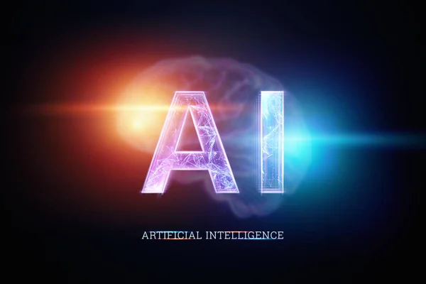Inscription IA, intelligence artificielle, hologramme, fond sombre. Le concept d'intelligence artificielle, les réseaux neuronaux, la robotisation, l'apprentissage automatique. Illustration 3D, espace de copie . — Photo