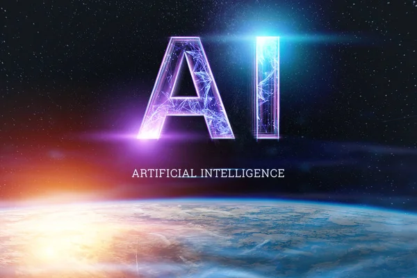 Inscription IA, intelligence artificielle, hologramme, fond sombre. Le concept d'intelligence artificielle, les réseaux neuronaux, la robotisation, l'apprentissage automatique. espace de copie — Photo