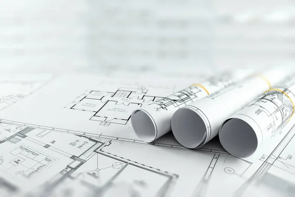 Architectural construction drawings twisted into a roll, construction projects on paper. The concept of architecture, construction, engineering. Copy space. — Stock Photo, Image