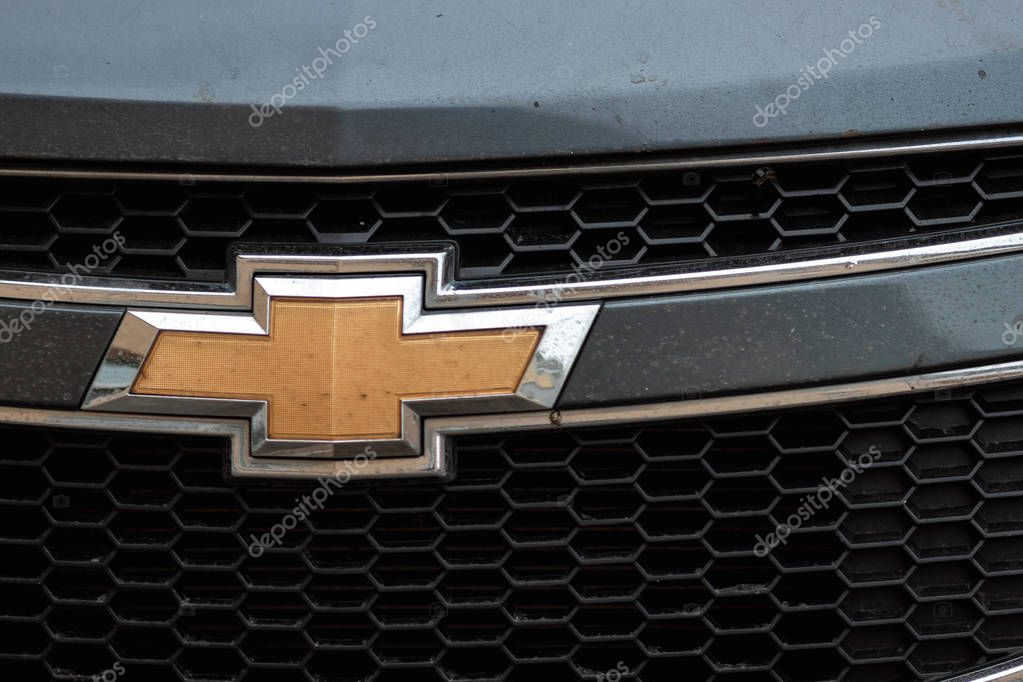 Belarus, Minsk 21 04 2019. Chevy close-up dirty car sign.