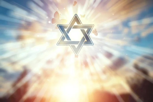 Yahudiliğin sembolü, güzel bir gün batımının arka planında Davud'un Yıldızı. Yahudilik, umut kavramı, inanç, din, umut ve özgürlük sembolü. — Stok fotoğraf