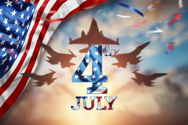 Kreativer Hintergrund, Inschrift 4. Juli an einem wunderschönen Sonnenuntergang, Unabhängigkeitstag, amerikanische Flagge. Unabhängigkeitstag Banner von Amerika, Postkarte, Demokratie, Kopierraum. — Stockfoto