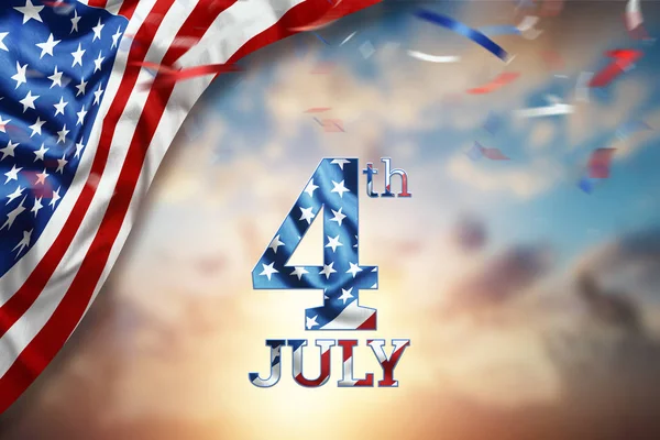 창조적 인 배경, 아름다운 일몰, 독립 기념일, 미국 국기에 7 월 4 일 비문. 미국의 독립 기념일 배너, 엽서, 민주주의, 복사 공간. — 스톡 사진
