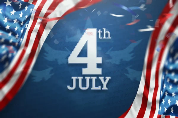 Sfondo creativo, iscrizione 4 luglio su sfondo blu, USA Independence Day, bandiera americana. Independence Day Banner of America, cartolina, spazio per la copia. Illustrazione 3D, rendering 3D — Foto Stock