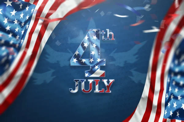 Creative background, inscription 4th of July on a blue background, USA Independence Day, American flag. Independence Day Banner of America, postcard, copy space. 3D illustration, 3D rendering