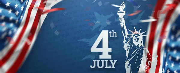Fundal creativ, inscripția 4 iulie pe un fundal albastru, Ziua Independenței SUA, drapelul american. Ziua Independenței Banner of America, carte poștală, spațiu de copiere. Ilustrație 3D, redare 3D — Fotografie, imagine de stoc