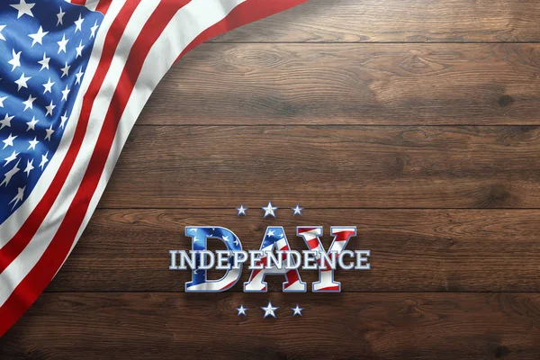 Creative background, Independence Day inscription on wooden background, 4th of July, American flag. Independence Day Banner of America, postcard, democracy, copy space.