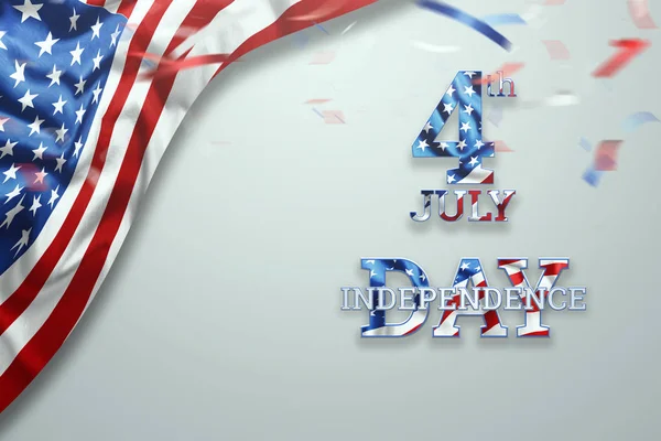 Sfondo creativo, iscrizione 4 luglio su sfondo chiaro, US Independence Day, la bandiera americana. Bandiera del giorno dell'indipendenza USA, cartolina, democrazia, spazio per la copia. Illustrazione 3D, rendering 3D — Foto Stock