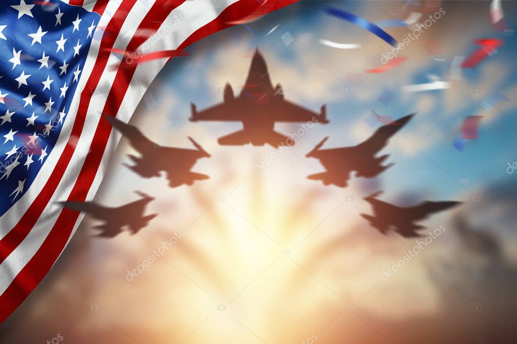 Creative background, american flag on beautiful sunset background, independence day. 4th of july day banner, greeting card, democracy