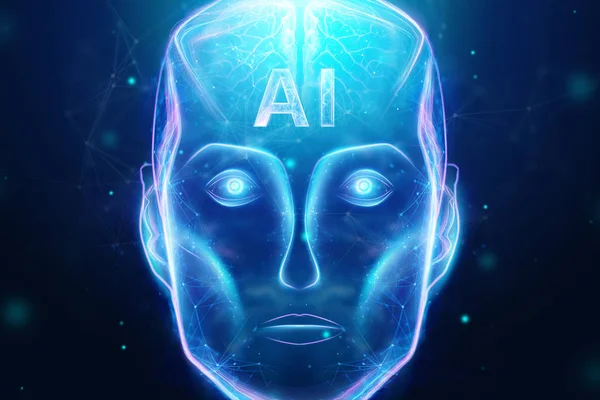 蓝色全息图机器人头，蓝色背景上的人工智能。概念神经网络，自动驾驶仪，机器人化，工业革命4.0。3d 插图，3D 渲染. — 图库照片
