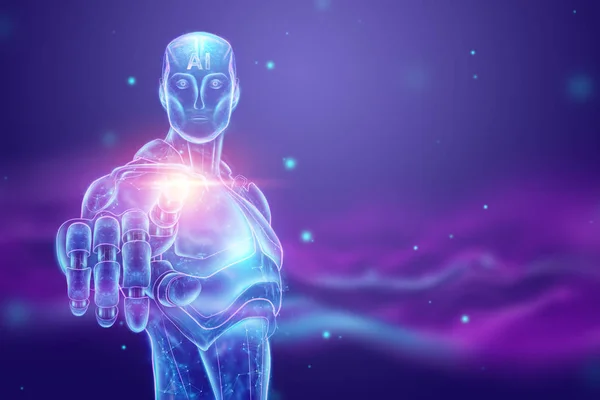 Holograma azul de un robot, cyborg, inteligencia artificial sobre un fondo azul. Concepto redes neuronales, piloto automático, robotización, revolución industrial 4.0. Ilustración 3D, representación 3D . — Foto de Stock