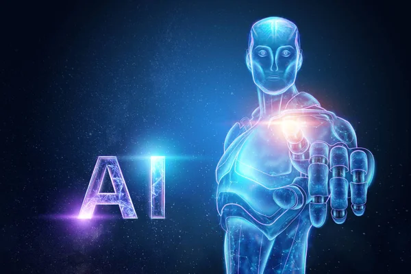 Hologramme bleu d'un robot, cyborg, intelligence artificielle sur fond bleu. Concept réseaux neuronaux, pilote automatique, robotisation, révolution industrielle 4.0. Illustration 3D, rendu 3D . — Photo