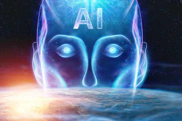 Hologramme bleu d'une tête de robot, intelligence artificielle sur fond de terre. Concept réseaux neuronaux, pilote automatique, robotisation, révolution industrielle 4.0 . — Photo