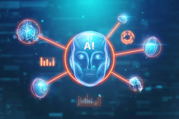 Tête de robot hologramme bleu, intelligence artificielle sur fond bleu. Concept réseaux neuronaux, pilote automatique, robotisation, révolution industrielle 4.0. Illustration 3D, rendu 3D . — Photo
