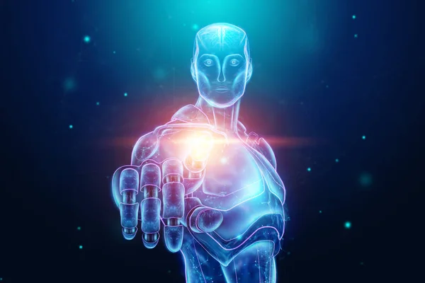 Hologramme bleu d'un robot, cyborg, intelligence artificielle sur fond bleu. Concept réseaux neuronaux, pilote automatique, robotisation, révolution industrielle 4.0. Illustration 3D, rendu 3D . — Photo