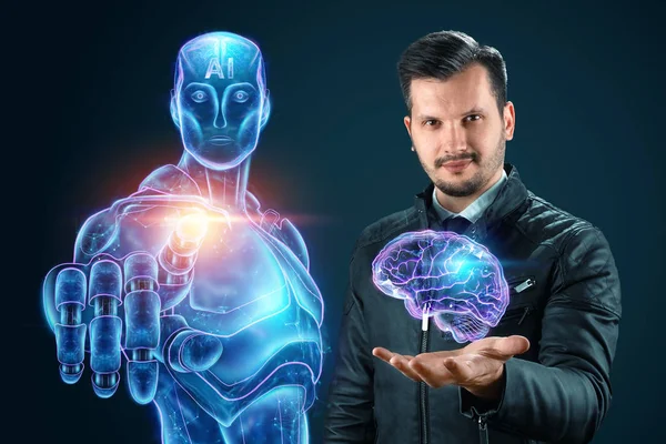 Homme et robot côte à côte, cyborg sur fond bleu, intelligence artificielle. Concept de pilote automatique, robotisation, révolution industrielle 4.0 . — Photo