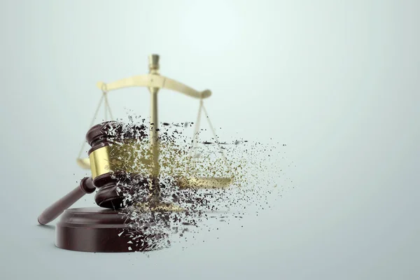 Judge's hammer scatters in the dust on a light background. The concept of corrupt court, unfair trial, helplessness. copy space — Stock Photo, Image