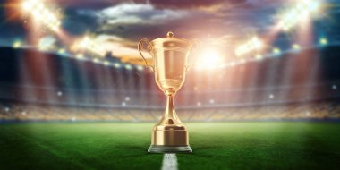 Stadyumun arka planında Altın Kupa. Spor kavramı, zafer, ödül. kopyalama alanı.