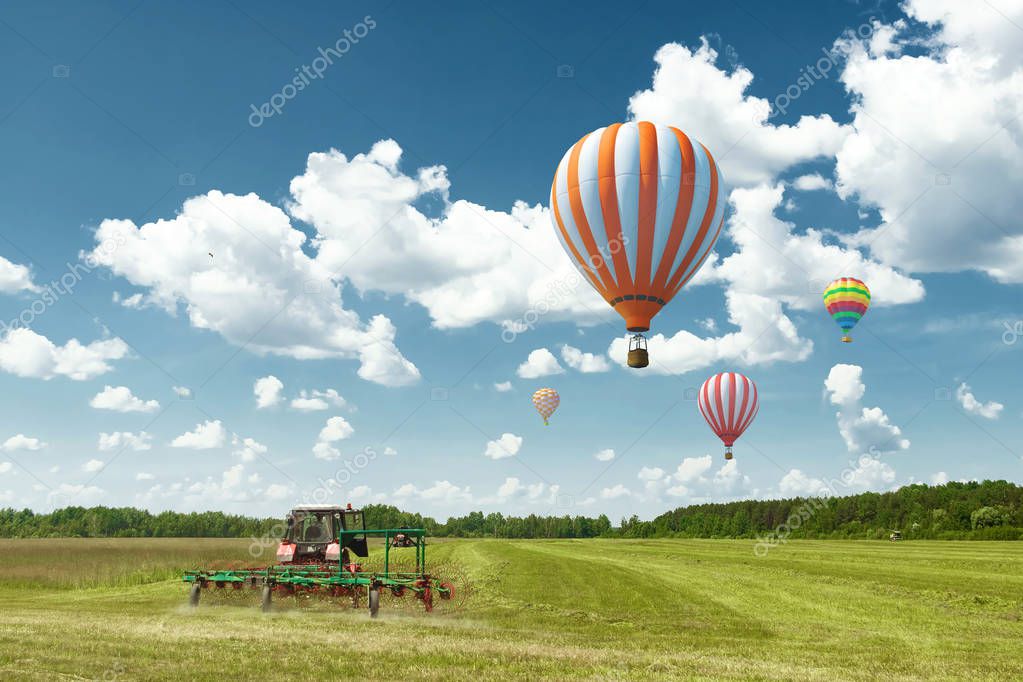 Multicolored, large balloons against the blue sky. Travel concept, dream, new emotions, travel agency.