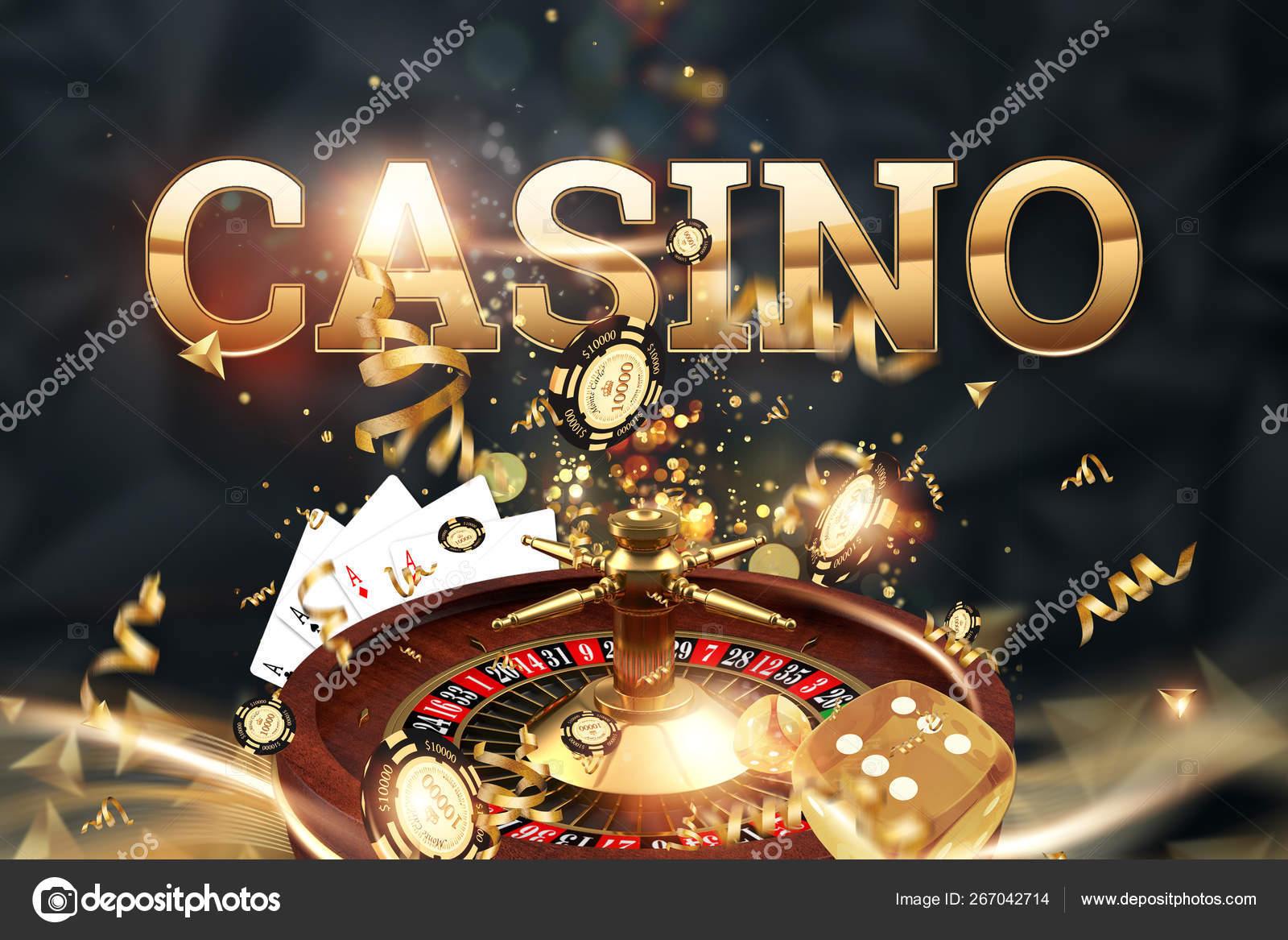 Fundo criativo, cassino de inscrição, roleta, dados de jogo, cartões,  fichas de cassino em um fundo verde. O conceito de jogo, casino, ganhos,  Vegas Games. Renderização 3D, ilustração 3D . fotos, imagens