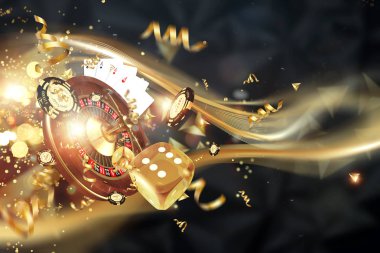 Yaratıcı bir geçmiş, rulet, kumar zarları, kartlar, karanlık bir arkaplanda kumarhane fişleri. Kumar, kumarhane, kazanç, Vegas Oyunları Geçmişi. 3B görüntüleme, 3B illüstrasyon