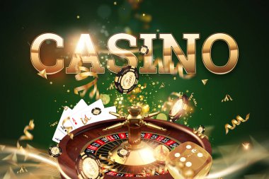 Yaratıcı arka plan, yazıt casino, rulet, kumar zar, kartlar, yeşil bir arka plan üzerinde casino fişleri. Kumar kavramı, casino, kazançlar, Vegas Oyunları 3d render, 3d illüstrasyon.