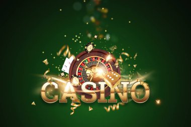 Yaratıcı arka plan, yazıt casino, rulet, kumar zar, kartlar, yeşil bir arka plan üzerinde casino fişleri. Kumar, kumarhane, kazanç, Vegas Oyunları. 3d render, 3d illüstrasyon.