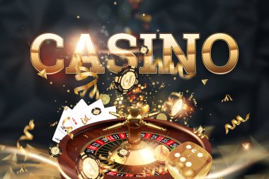 Yaratıcı arka plan, yazıt casino, rulet, kumar zar, kartlar, yeşil bir arka plan üzerinde casino fişleri. Kumar, kumarhane, kazanç, Vegas Oyunları. 3d render, 3d illüstrasyon.