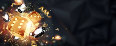 Yaratıcı arka plan, oyun zarları, kartlar, karanlık bir arka plan üzerinde casino fişleri. Kumar kavramı, casino, kazanç, Vegas Oyunları Arka Plan. 3d render, 3d illüstrasyon