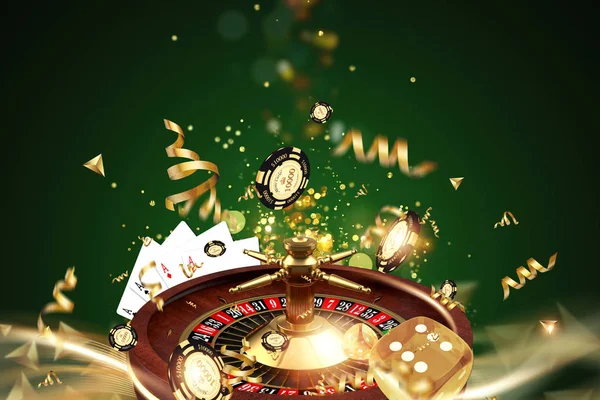 Creatieve achtergrond, Roulette, gaming dobbelstenen, kaarten, casino chips op een groene achtergrond. Het concept van gokken, Casino, winsten, Vegas games. 3D renderen, 3D illustratie — Stockfoto