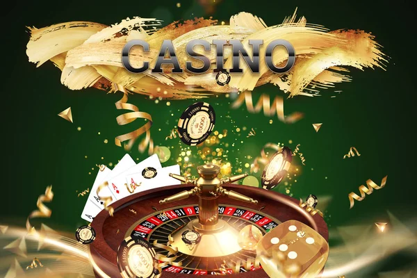 Δημιουργικό υπόβαθρο, επιγραφή καζίνο, ρουλέτα, ζάρια τζόγου, κάρτες, μάρκες καζίνο σε πράσινο φόντο. Η έννοια του τζόγου, του καζίνο, των κερδών, των παιχνιδιών Vegas. απόδοση 3D, απεικόνιση 3D. — Φωτογραφία Αρχείου