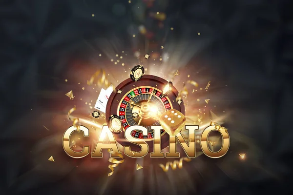 Creatieve achtergrond, inscriptie Casino, Roulette, gokken dobbelstenen, kaarten, casino chips op een donkere achtergrond. Het concept van gokken, Casino, winsten, Vegas games. 3D renderen, 3D illustratie. — Stockfoto